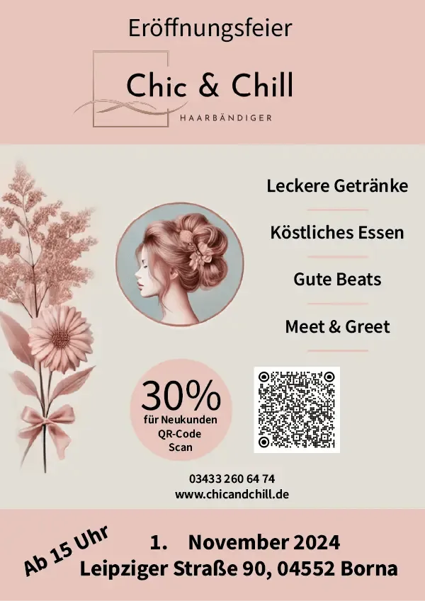 Einladung zur Eröffnungsfeier des Salons Chic & Chill am 1. November 2024 in Borna.